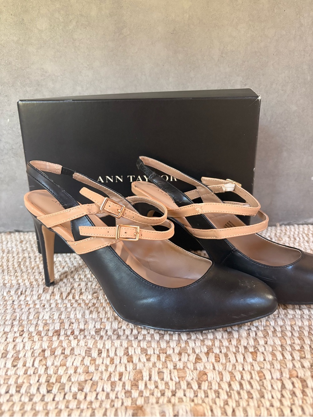 Ann Taylor Black Leather Slingback Pumps with Tan Straps